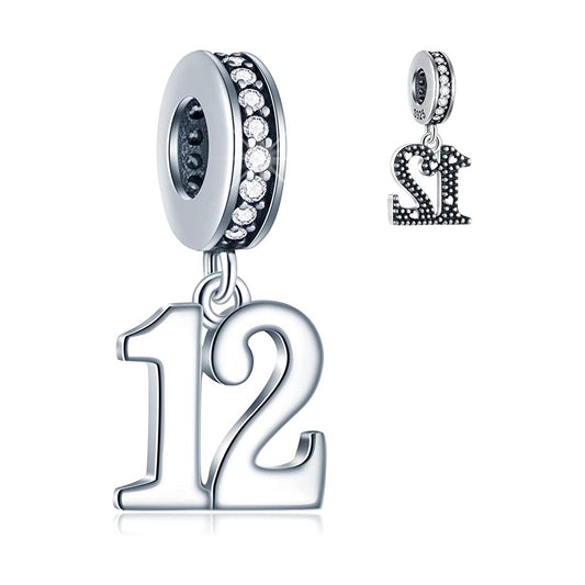 12th Birthday Dangle Charm for Bracelet, S925 Sterling Silver