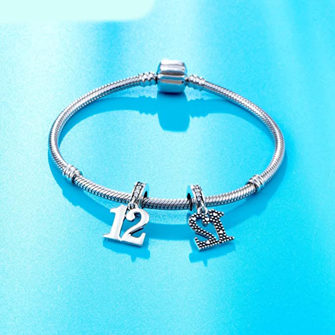 12th Birthday Dangle Charm for Bracelet, S925 Sterling Silver