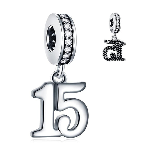 15th Birthday Dangle Charm for Bracelet, S925 Sterling Silver