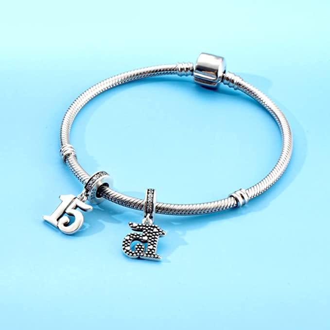 15th Birthday Dangle Charm for Bracelet, S925 Sterling Silver