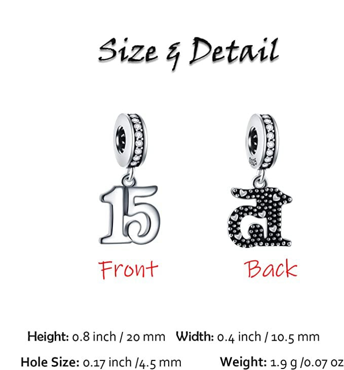 15th Birthday Dangle Charm for Bracelet, S925 Sterling Silver