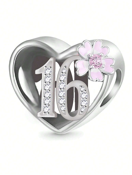 16th Birthday Heart and Daisy Floral Charm for Bracelet, S925 Sterling Silver