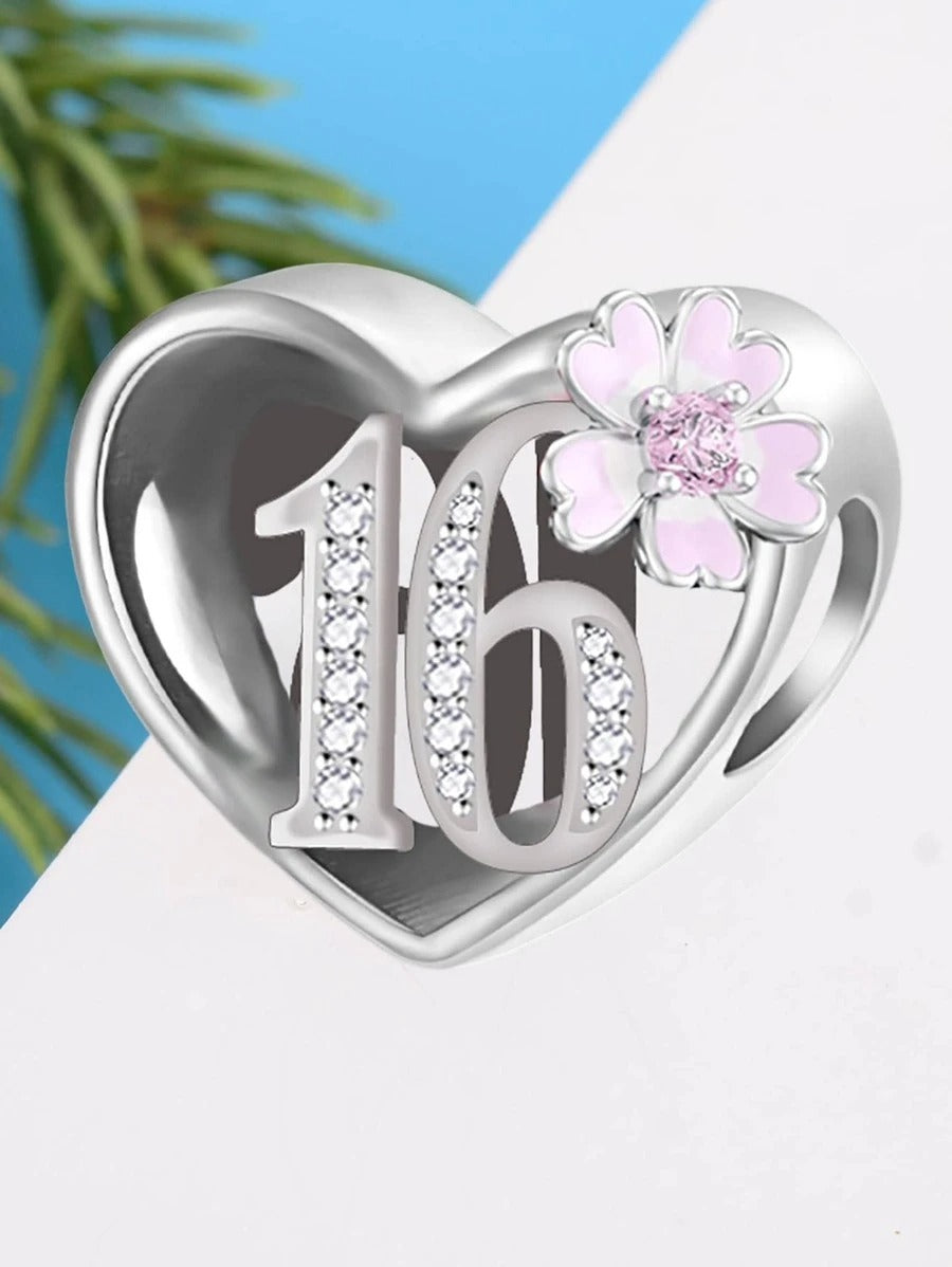 16th Birthday Heart and Daisy Floral Charm for Bracelet, S925 Sterling Silver