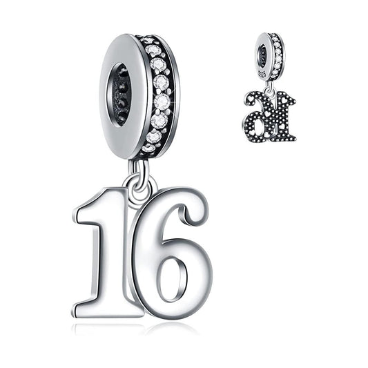 16th Birthday Dangle Charm for Bracelet, S925 Sterling Silver