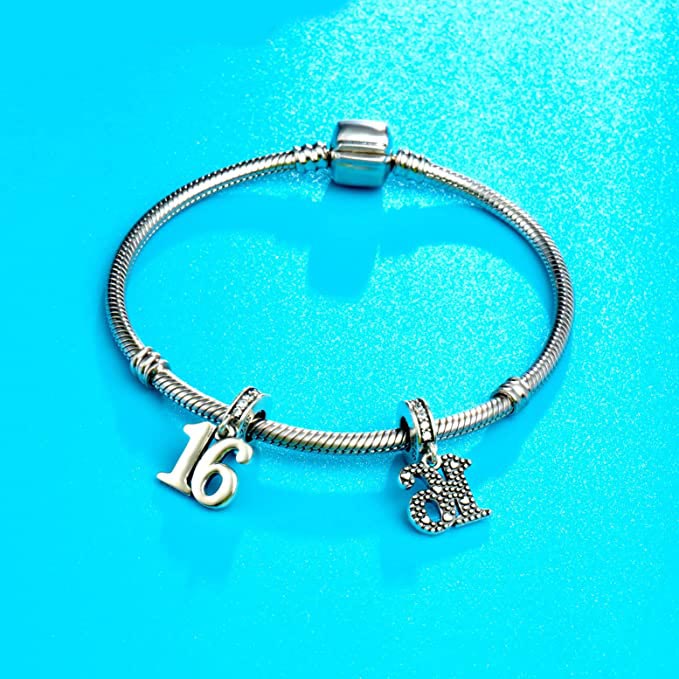 16th Birthday Dangle Charm for Bracelet, S925 Sterling Silver