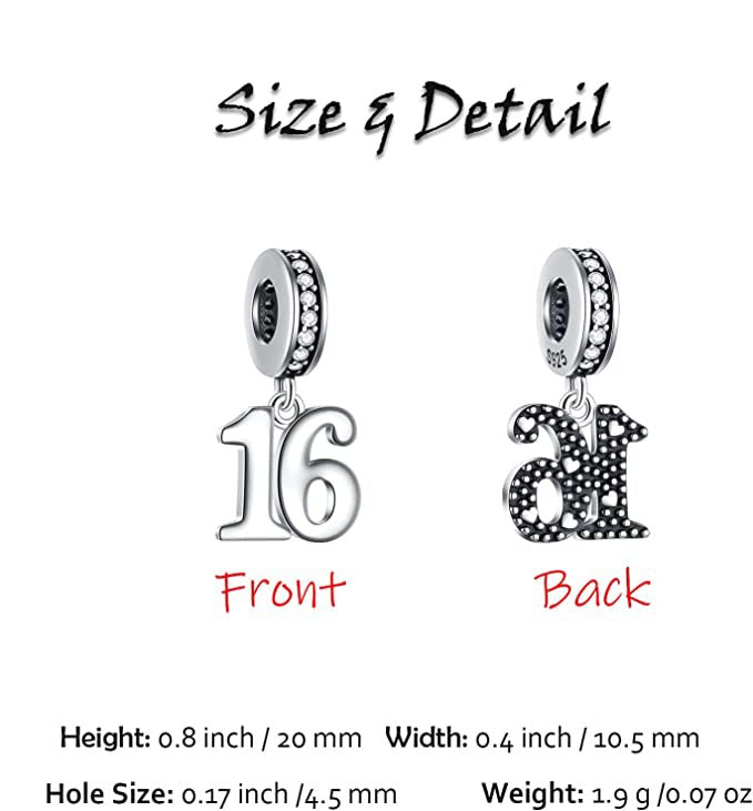 16th Birthday Dangle Charm for Bracelet, S925 Sterling Silver