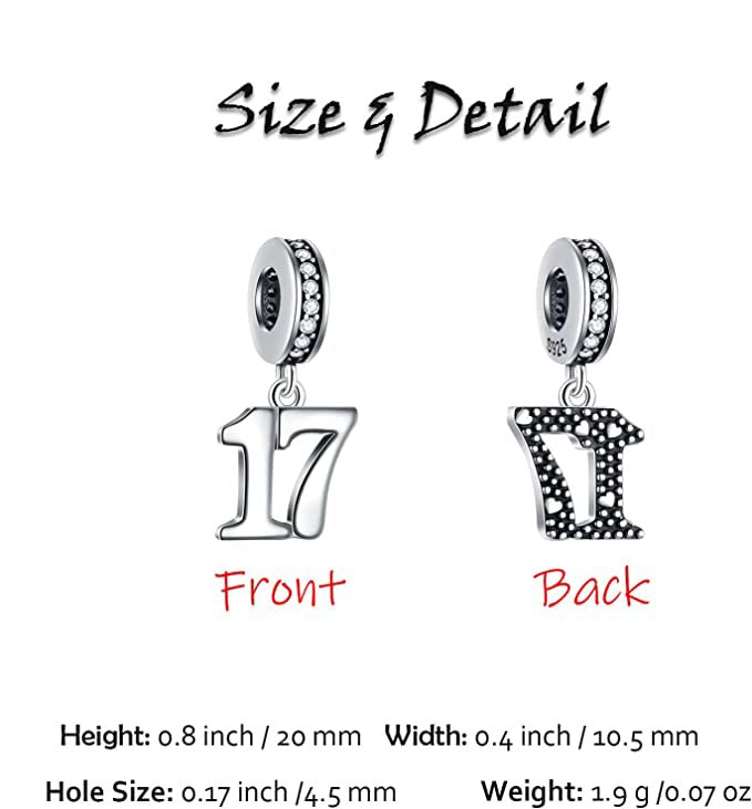 17th Birthday Dangle Charm for Bracelet, S925 Sterling Silver