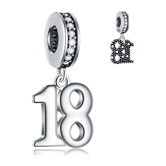 18th Birthday Dangle Charm for Bracelet, S925 Sterling Silver