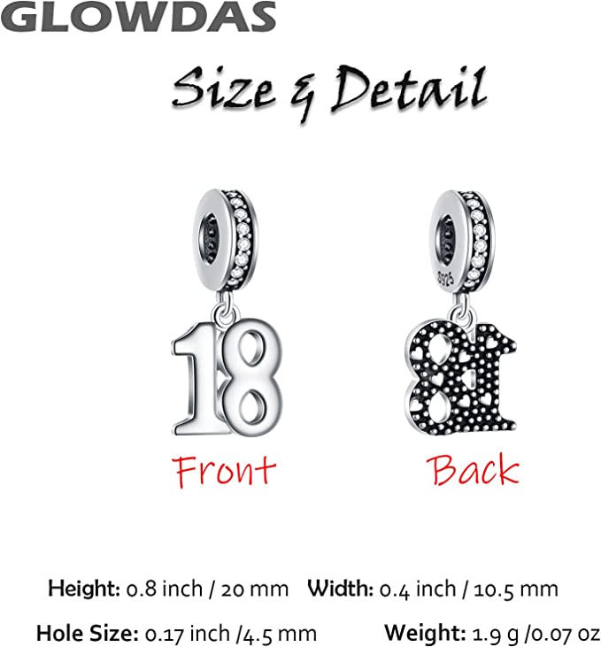 18th Birthday Dangle Charm for Bracelet, S925 Sterling Silver