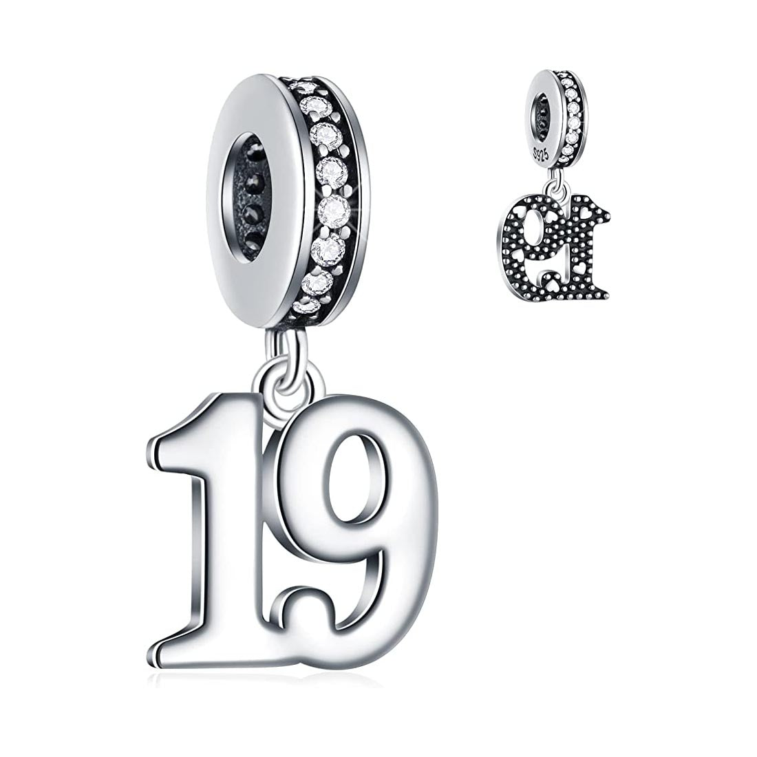 19th Birthday Dangle Charm for Bracelet, S925 Sterling Silver