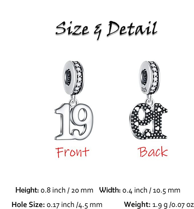 19th Birthday Dangle Charm for Bracelet, S925 Sterling Silver