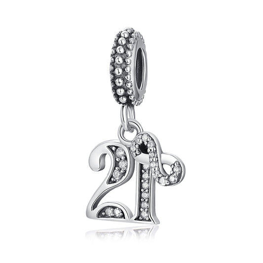 21st Birthday Dangle Charm for Bracelet, S925 Sterling Silver