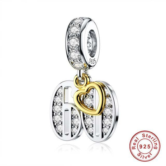 60th Birthday Gold Tag Charm for Bracelet, S925 Sterling Silver