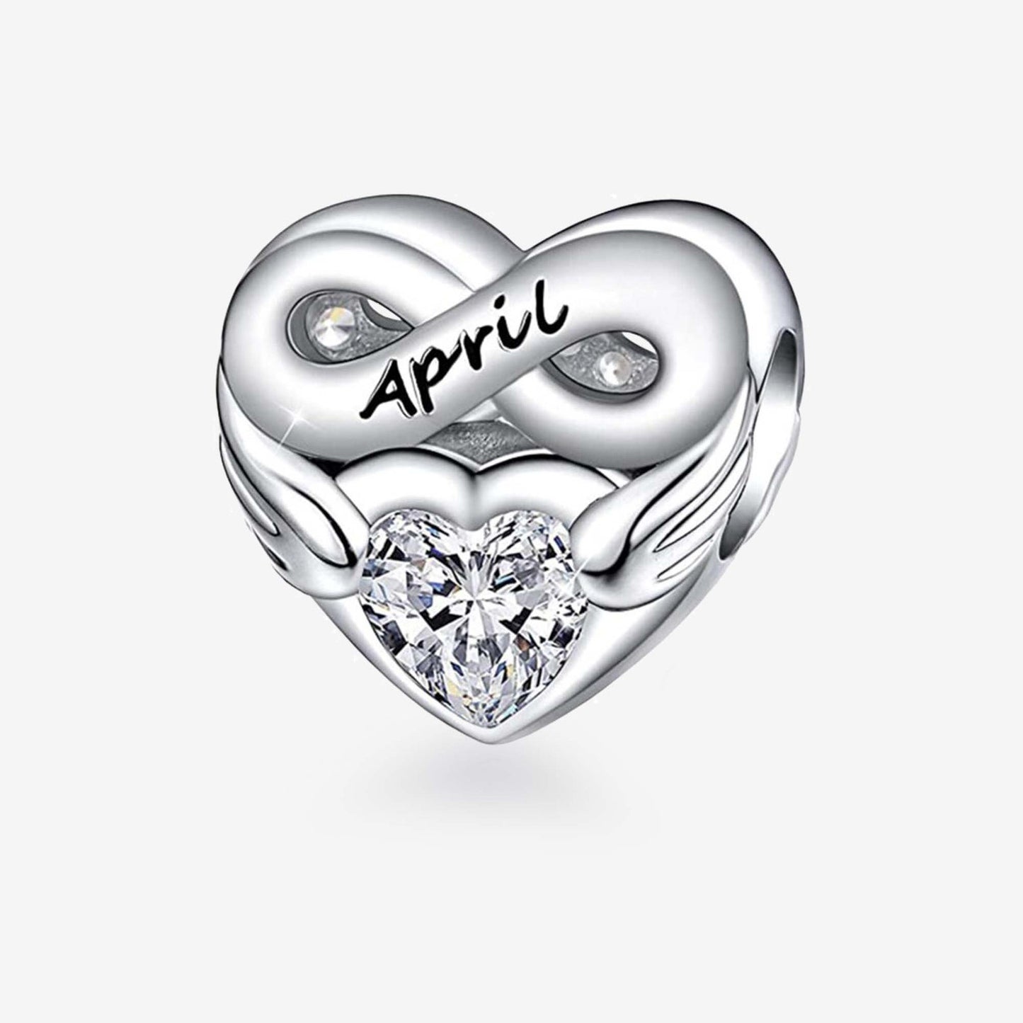 April Birthstone Months Heart Charm for Bracelet, S925 Sterling Silver