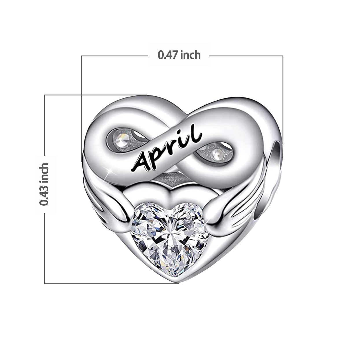 April Birthstone Months Heart Charm for Bracelet, S925 Sterling Silver