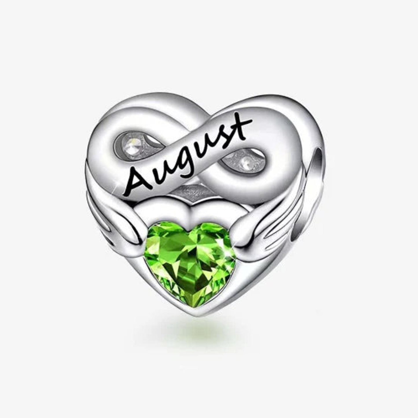 August Birthstone Months Heart Charm for Bracelet, S925 Sterling Silver