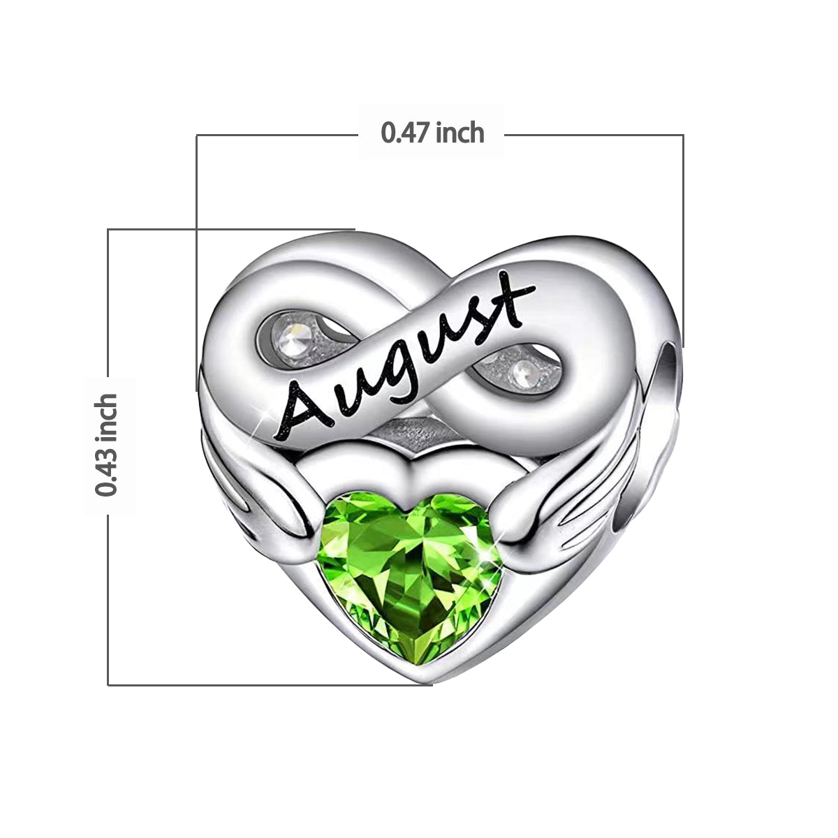 August Birthstone Months Heart Charm for Bracelet, S925 Sterling Silver