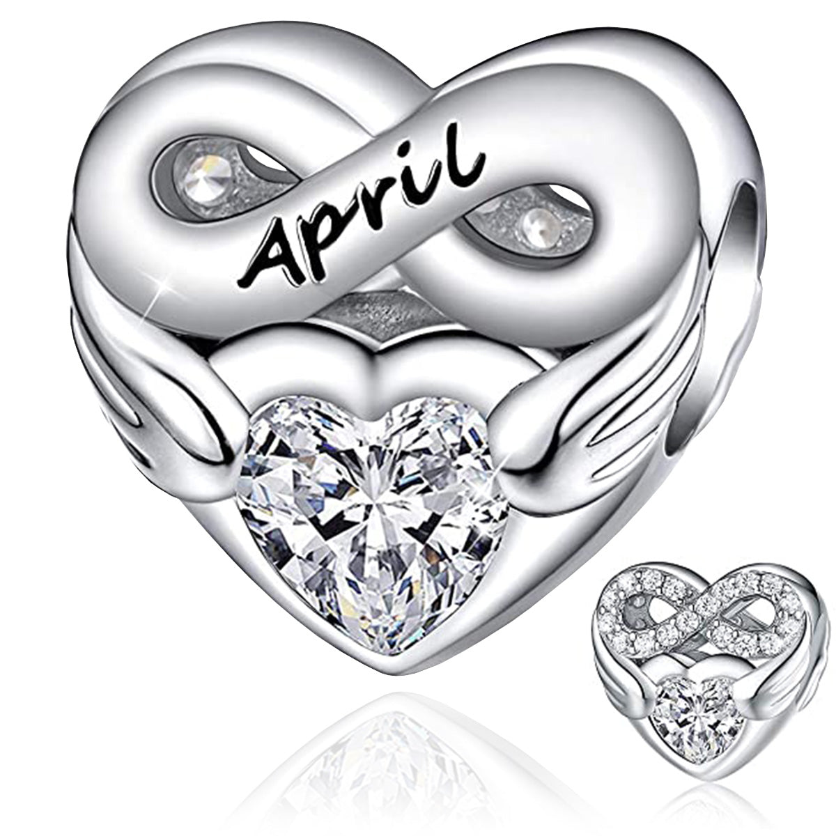 April Birthstone Months Heart Charm for Bracelet, S925 Sterling Silver