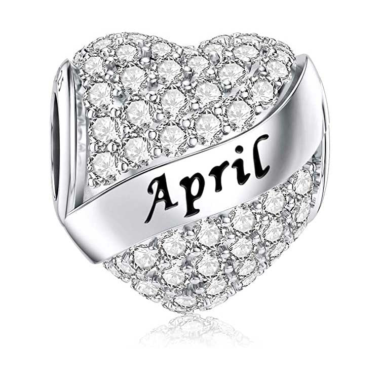 April Birthstone Heart Charm for Bracelet, S925 Sterling Silver