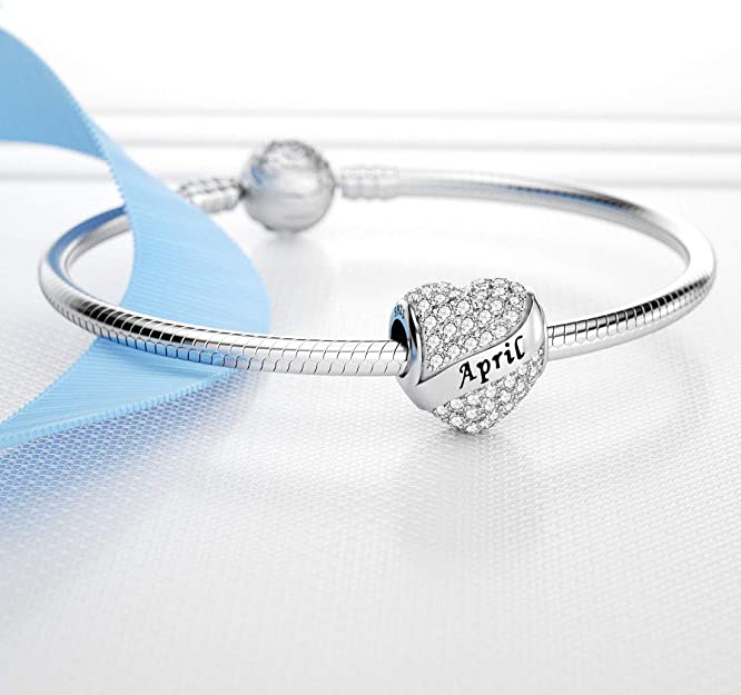 April Birthstone Heart Charm for Bracelet, S925 Sterling Silver