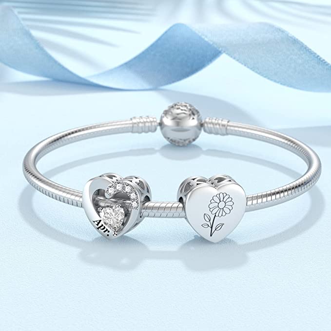 April Birthstone Heart Charm for Bracelet, S925 Sterling Silver