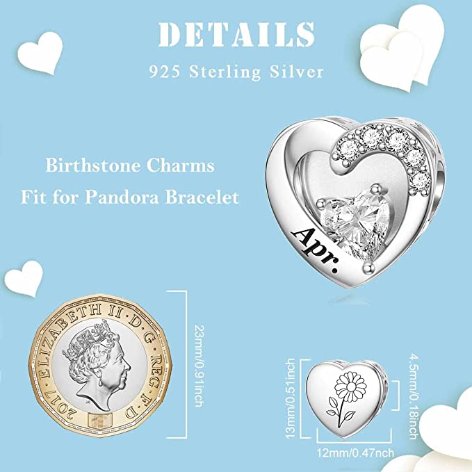 April Birthstone Heart Charm for Bracelet, S925 Sterling Silver