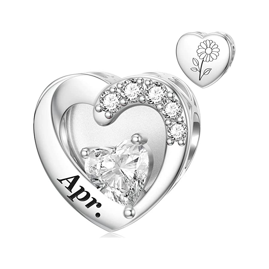 April Birthstone Heart Charm for Bracelet, S925 Sterling Silver