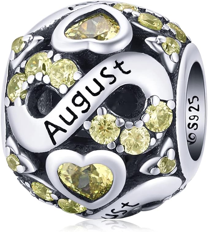 August Birthstone Infinity Birthday Bead Charm for Bracelet, S925 Sterling Silver