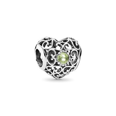 August Silver Heart With Peridot Birthstone Month Charm for Bracelet, S925 Sterling Silver