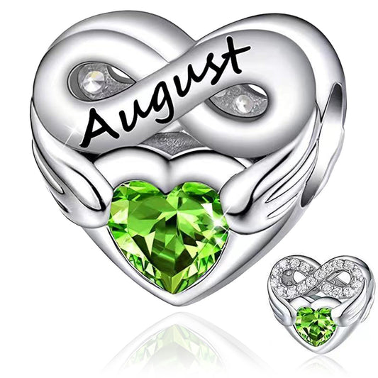 August Birthstone Months Heart Charm for Bracelet, S925 Sterling Silver