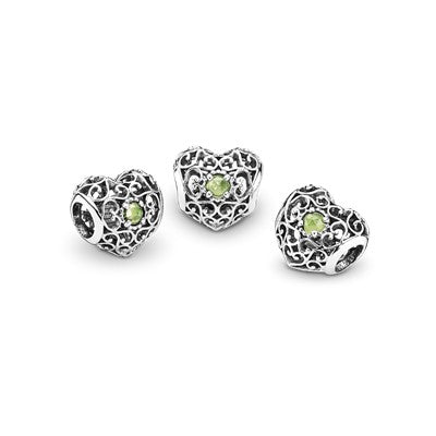 August Silver Heart With Peridot Birthstone Month Charm for Bracelet, S925 Sterling Silver