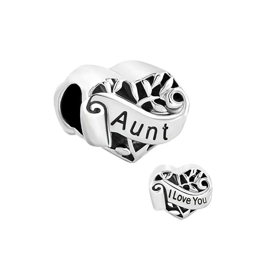 Auntie I Love You Heart Charm for Bracelet, S925 Sterling Silver