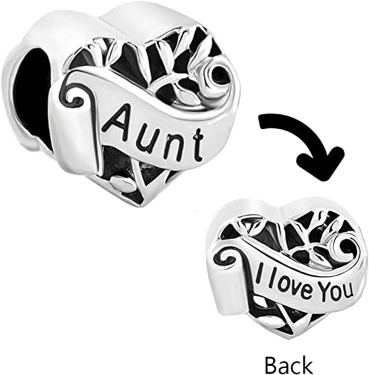 Auntie I Love You Heart Charm for Bracelet, S925 Sterling Silver