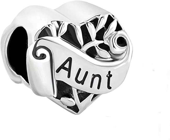 Auntie I Love You Heart Charm for Bracelet, S925 Sterling Silver