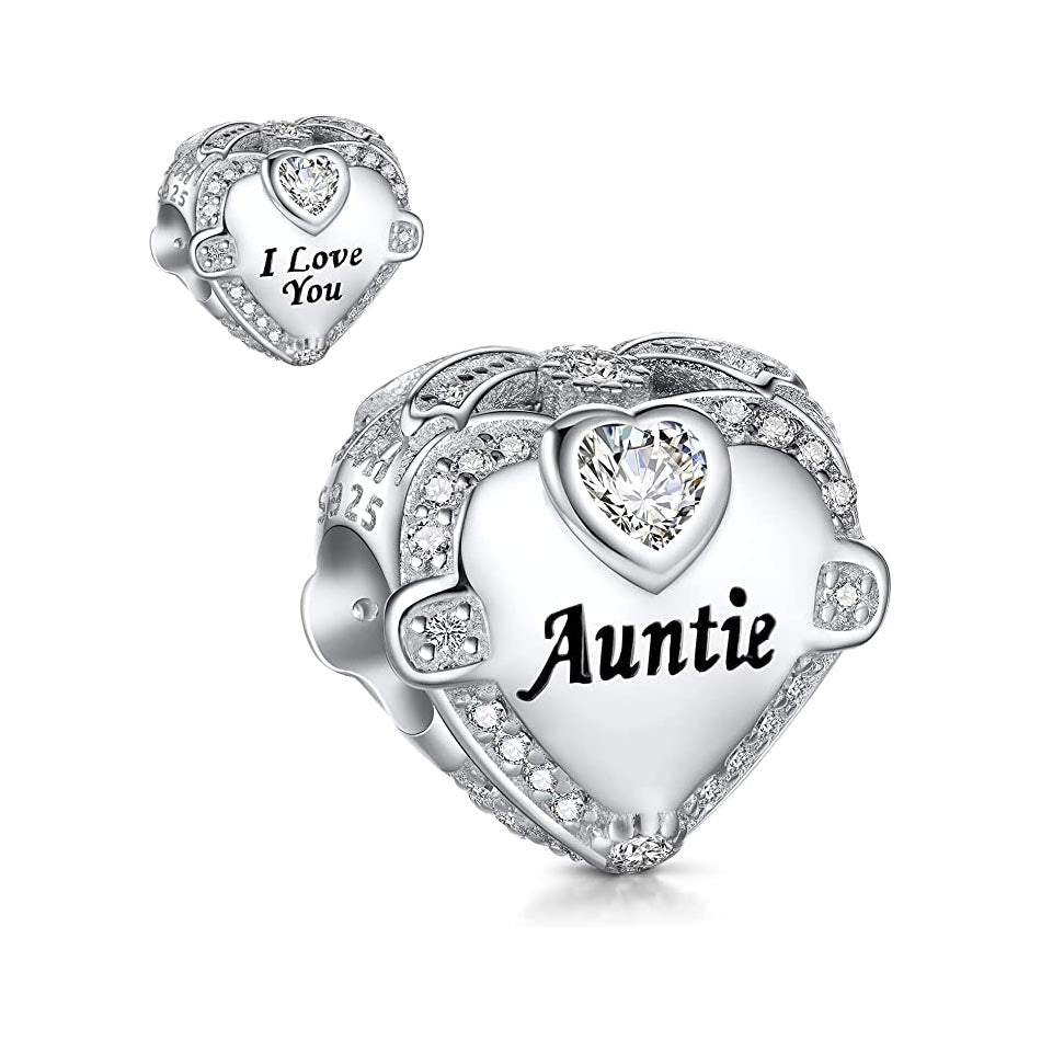 Auntie I Love You Heart Charm for Bracelet, S925 Sterling Silver