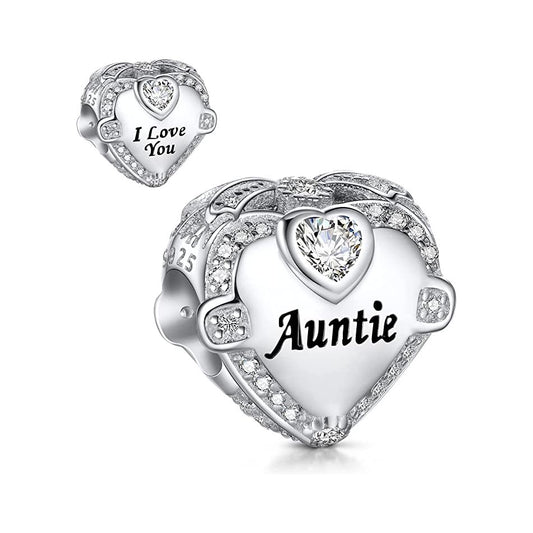 Auntie I Love You Heart Charm for Bracelet, S925 Sterling Silver