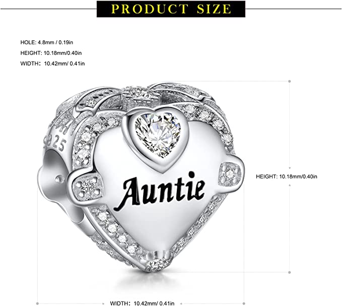 Auntie I Love You Heart Charm for Bracelet, S925 Sterling Silver