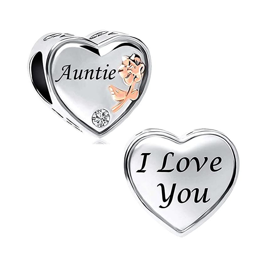 Auntie I Love You Heart Charm for Bracelet, S925 Sterling Silver