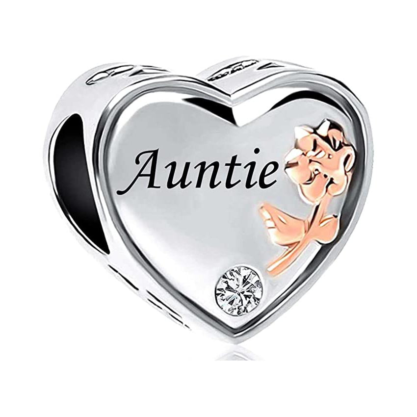 Auntie I Love You Heart Charm for Bracelet, S925 Sterling Silver