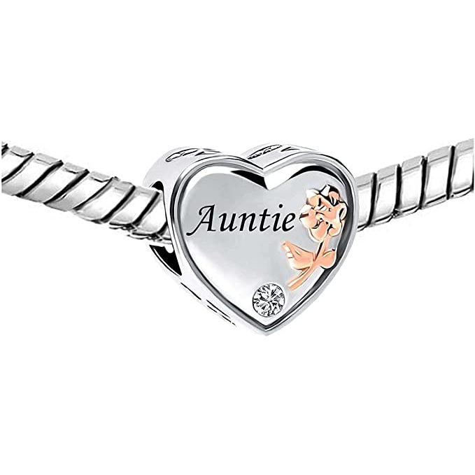 Auntie I Love You Heart Charm for Bracelet, S925 Sterling Silver