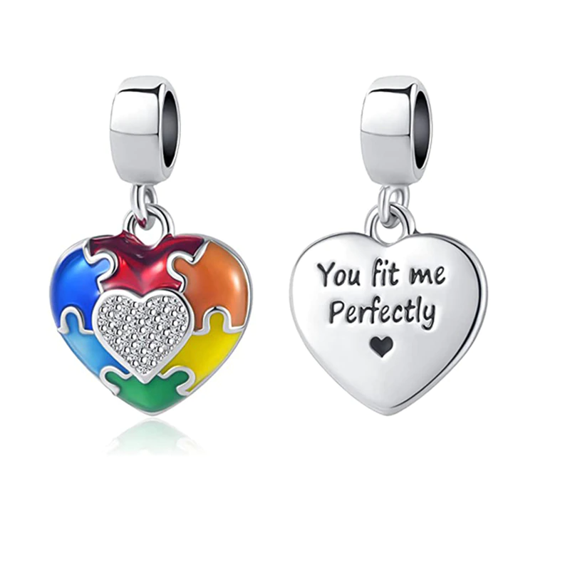 Autism Awareness You Fit Me Perfectly Puzzle Charm for Bracelet, S925 Sterling Silver