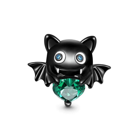 Bat with Green Heart Charm for Bracelet, S925 Sterling Silver