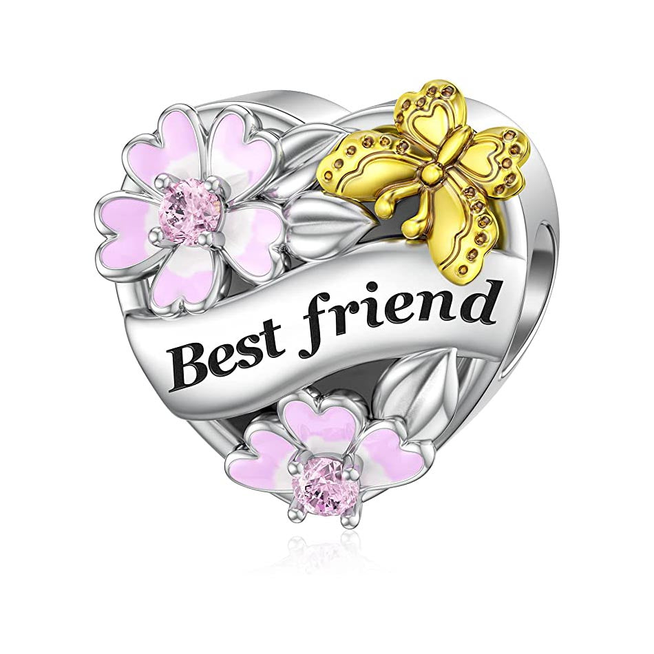 Best Friend Flower & Butterfly Heart Charm for Bracelet, S925 Sterling Silver