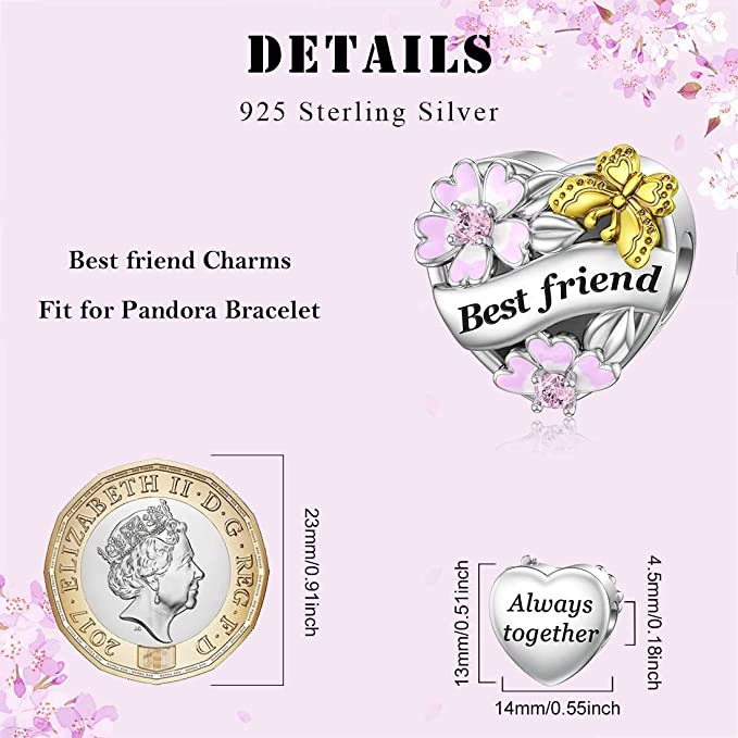 Best Friend Flower & Butterfly Heart Charm for Bracelet, S925 Sterling Silver