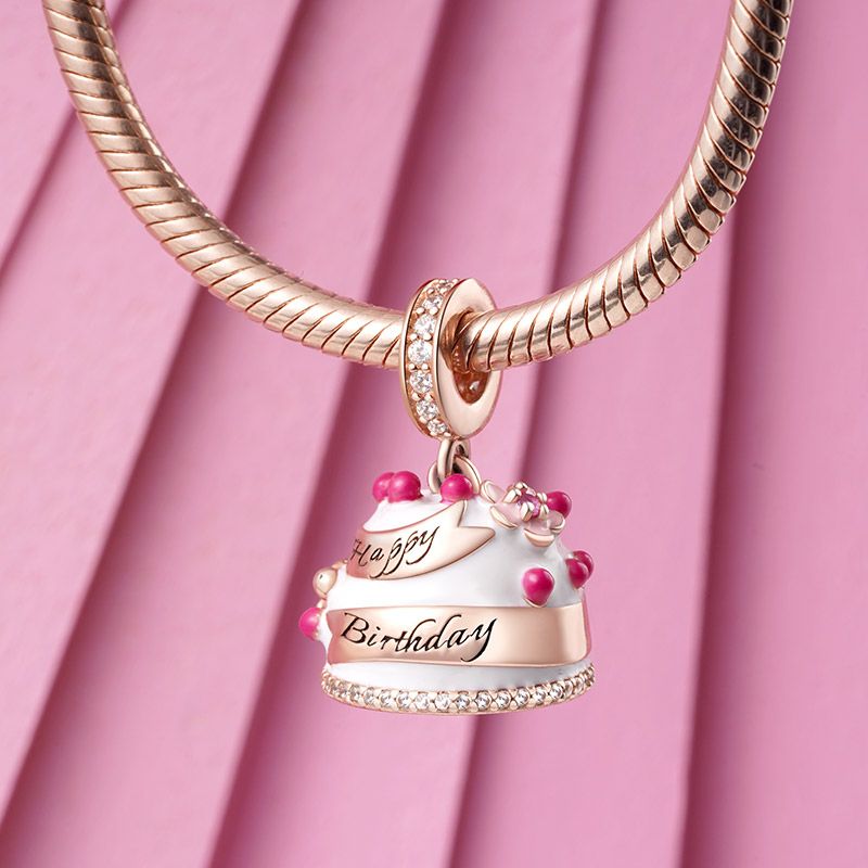 Happy Birthday Cake Dangle Charm for Bracelet, S925 Sterling Silver