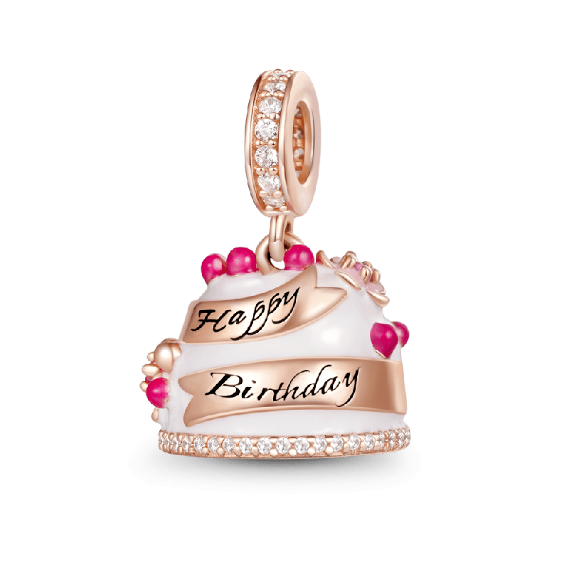 Happy Birthday Cake Dangle Charm for Bracelet, S925 Sterling Silver