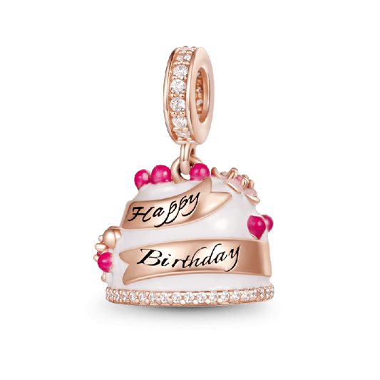 Happy Birthday Cake Dangle Charm for Bracelet, S925 Sterling Silver