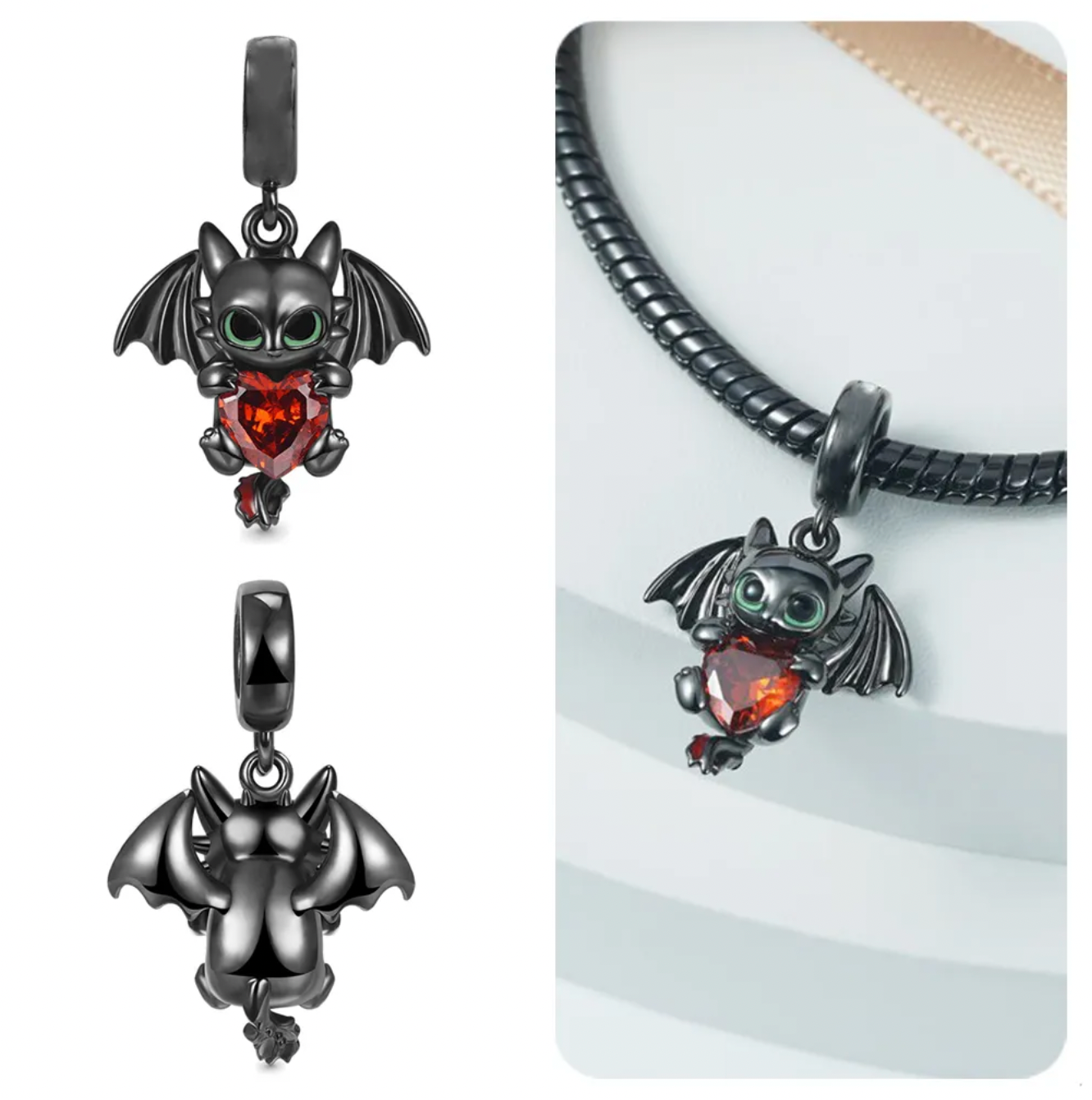 Black Dragon Embraces Heart Charm for Bracelet, S925 Sterling Silver