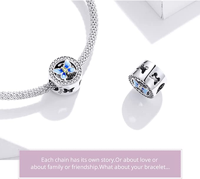 Blue Butterfly Charm for Bracelet, S925 Sterling Silver