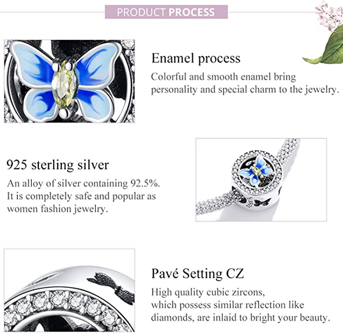 Blue Butterfly Charm for Bracelet, S925 Sterling Silver